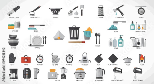 Collection of kitchen tools and utensils illustrated in flat design style