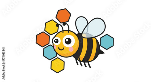 Cute cartoon bee with hexagonal honeycomb pattern on white background