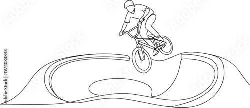Single continuous line drawing teenager BMX racing rider performs tricks in skate park on pump track. Extreme sport, dynamic, hobby, freestyle. one line art icon drawing vector