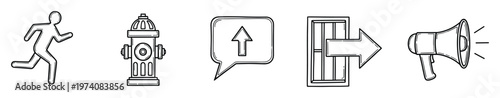 Hand drawn outline icons representing essential emergency information and communication tools useful for public safety campaigns, directional signage, or alerts