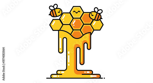 Cute Honeycomb dripping with honey and two bees flying around illustration
