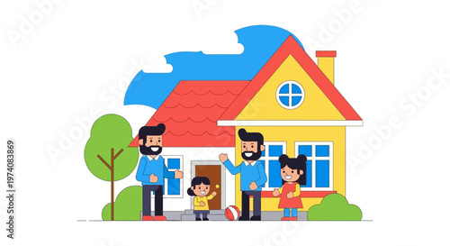 Happy family with children and parents in front of their new home, illustrating homeownership and a bright future