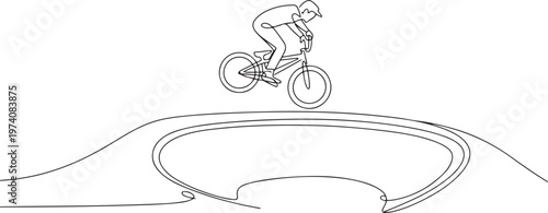 Single continuous line drawing teenager BMX racing rider performs tricks in skate park on pump track. Extreme sport, dynamic, hobby, freestyle. one line art icon drawing vector