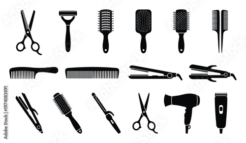 Professional hairdressing and barber shop equipment toolkit featuring various essential grooming instruments perfect for salon decor, beauty blogging, and stylist branding resources
