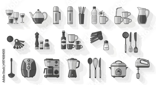 Collection of kitchen utensils and appliances arranged on a white background