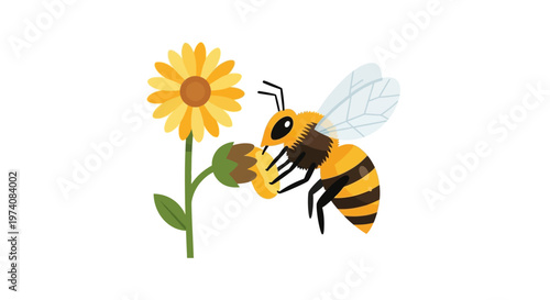 Busy honey bee diligently collecting sweet nectar from a vibrant yellow flower, illustrating the essential role of pollination in nature's ecosystem