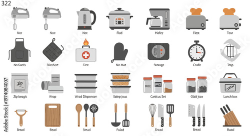 Collection of kitchen utensils and appliances arranged on a white background