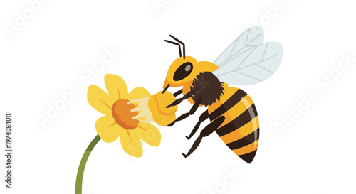Close-up of a busy bee collecting nectar from a vibrant yellow flower, illustration