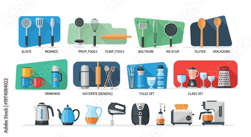 Collection of kitchen utensils and appliances arranged on a white background