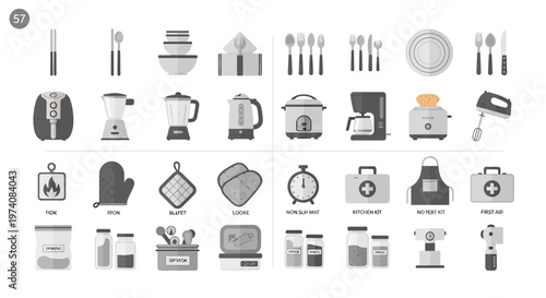 Collection of kitchen utensils and appliances arranged on a white background