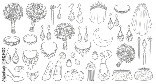 Collection of Wedding Accessories and Bridal Jewelry Line Art.
