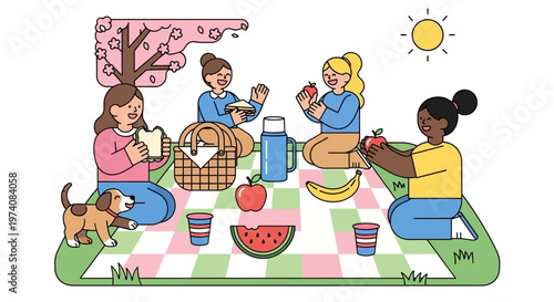 A Diverse Group of Friends Enjoying a Pleasant Outdoor Picnic with a Beloved Dog and Delicious Food Under the Sun
