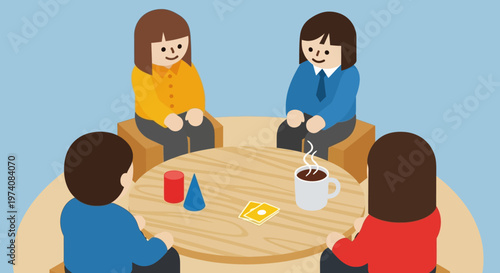 Illustrated scene of a social gathering with four friends playing a board game, enjoying leisure time and camaraderie around a coffee table