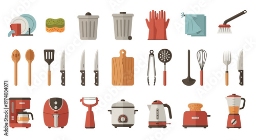 Collection of kitchen utensils and appliances arranged on white background
