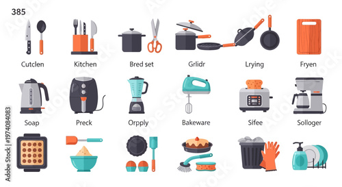 Collection of kitchen utensils and appliances illustrated in flat design style