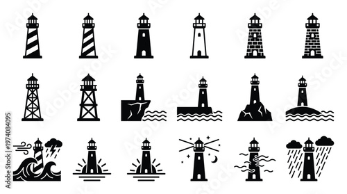 A comprehensive collection of diverse lighthouse icons, encompassing various architectural styles and weather conditions, perfect for enhancing maritime themes, travel applications, and