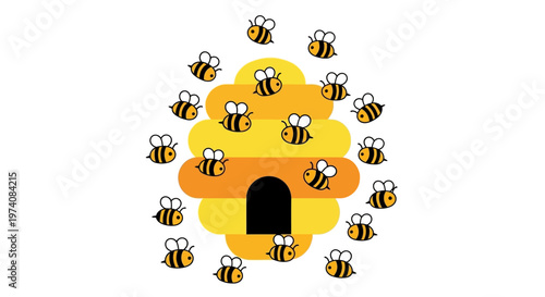 A swarm of bees flying around a beehive in a honeycomb pattern