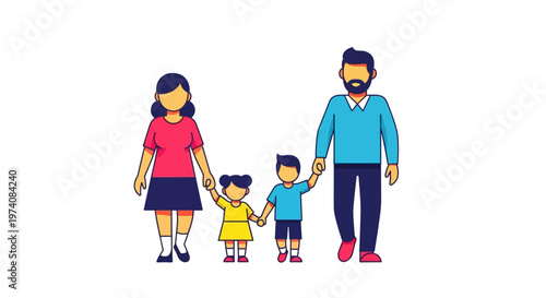 A Happy Family of Four, Parents Holding Hands with Their Two Children in a Casual Outdoor Setting