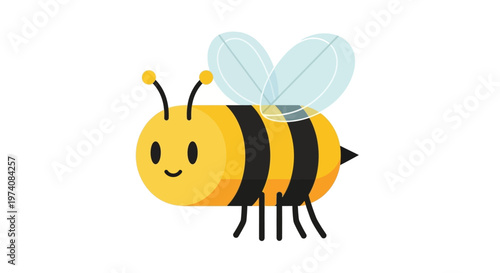 Cute cartoon bee illustration with yellow and black stripes and transparent wings, perfect for nature and insect themes