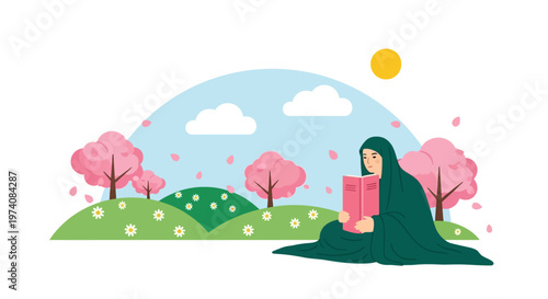 A woman in hijab reading a book outdoors surrounded by blooming trees and green hills under a sunny sky