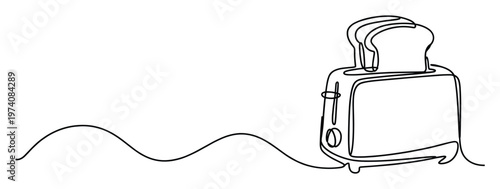Continuous line drawing of a toaster with bread for breakfast and kitchen appliance related content emphasizing simplicity and modern minimalism