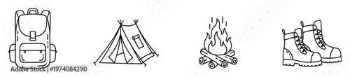 Set of essential camping and adventure outline icons including backpack tent campfire and hiking boots perfect for outdoor activity design elements or wilderness journey illustrations
