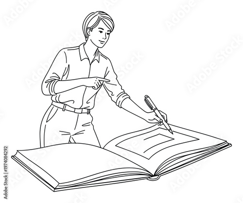 Professional individual concentrating on writing and annotating within a voluminous open book using a pen, perfect for educational content and business documentation.