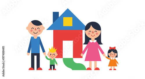 Happy family with kids in front of their colorful house, representing home and belonging