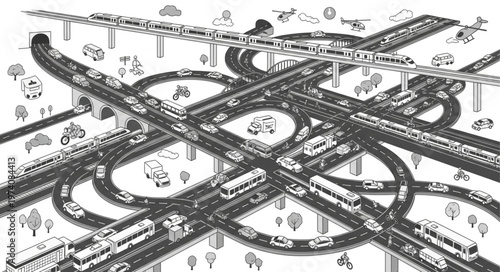 Complex Highway Interchange with Trains and Cars.