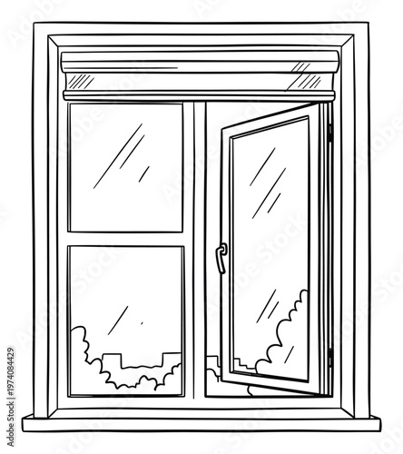 Residential building window frame featuring blinds partially drawn and one pane opened outwards to a distant cityscape view, ideal for home decor visuals or construction concepts