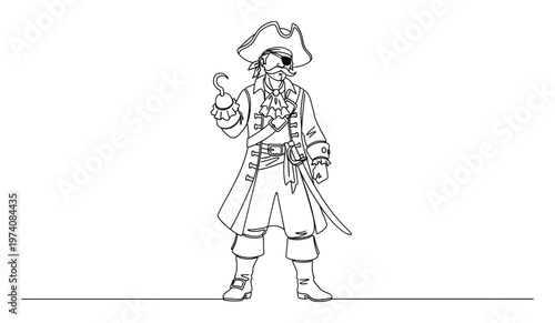 Dynamic continuous line drawing showcasing a classic pirate captain with hook, eye patch, and sword, ideal for thematic educational materials, entertainment projects, or character