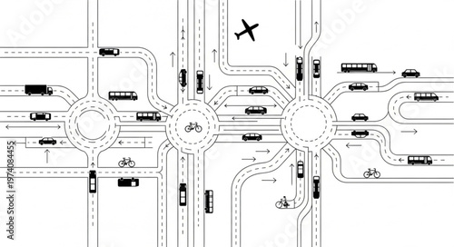 Complex Interconnected Roundabout Traffic System Illustration.