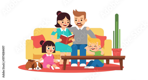 Happy Family Enjoying Quality Time Together at Home, Mother Reading a Book to Her Children and Pet Dog, Illustrating Love and Togetherness