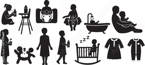 Silhouette icons of motherhood and childcare activities daily life