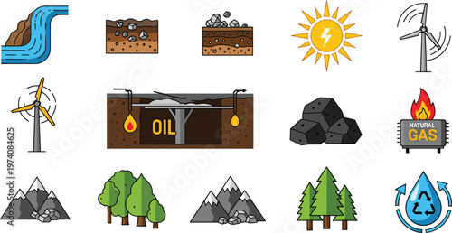 Energy Resources Vector Set with Solar Wind Oil Gas Coal Renewable Icons Isolated on White Background