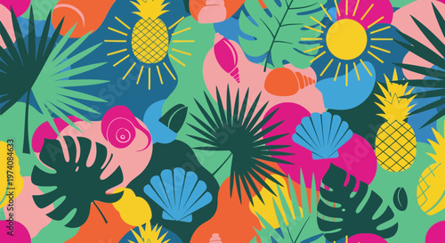 Tropical Summer Seamless Pattern with Palm Leaves, Pineapples, and Sea Shells in Modern Vibrant Flat Vector Style