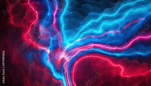 Abstract background featuring glowing neon light waves, vibrant energy flows, electric plasma currents, luminous cosmic nebula patterns flow.