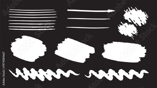 A versatile collection of white vector design assets featuring distressed brush strokes, sketchy lines, paint splatters, and a thin minimalist arrow on black background.