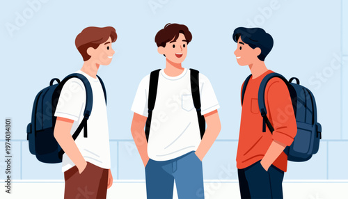 Three young men chat casually, smiling warmly. Each wears a backpack, suggesting students or travelers. Simple background keeps focus on their relaxed interaction. Ideal for education, friendship