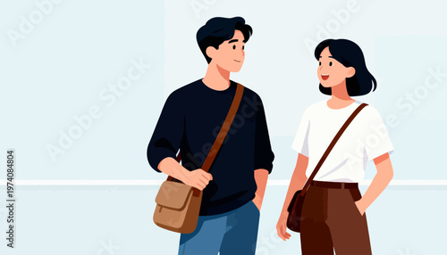 Cartoon couple walks side by side, smiling softly. They carry matching crossbody bags, casual and coordinated. Background is minimal, light, and clean. Their gaze meets, hinting at quiet connection