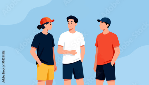 Three friends stand close, smiling warmly. They chat casually, hands relaxed at sides. Light blue waves swirl softly behind them. Perfect for social gatherings or teamwork scenes