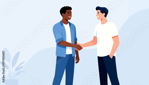 Two men shake hands warmly in a bright, modern room. One wears a blue jacket, the other a white tee. Both smile, showing trust and mutual respect. Soft background hints at a calm, professional space