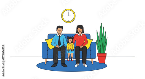 A serene family moment parents and their child sitting on a sofa at home, depicting togetherness, quiet comfort, and gentle waiting