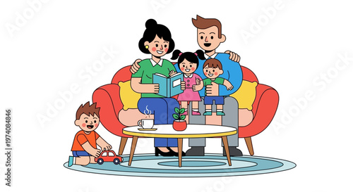 A happy family is relaxing together on the sofa reading a book and playing with toys
