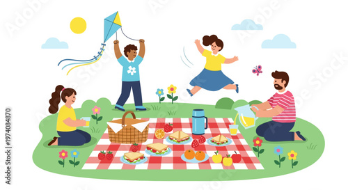 Happy family enjoying a delightful picnic in a sunny park with a kite flying high in the sky