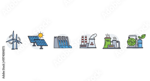 Diverse Energy Sources - Wind, Solar, Hydro, Nuclear, Fossil Fuel, and Biomass.