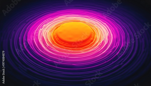 Abstract concentric circles radiating vibrant warm orange hues into deep violet shadows, hypnotic ripples, glowing topography, digital waves.