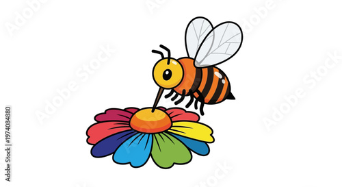 Vibrant cartoon bee diligently collecting nectar from a bright rainbow-colored flower, illustrating essential nature and environmental interaction