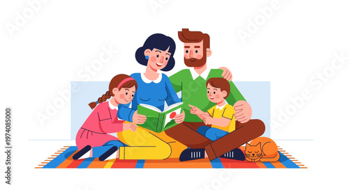 Happy Family Reading a Book Together on a Colorful Rug, Enjoying Quality Time and Learning in a Cozy Home Environment, Fostering Connection and Education