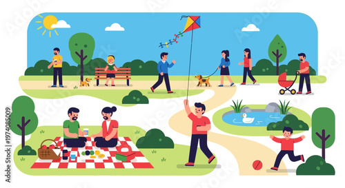A beautiful sunny day in the park with families enjoying various outdoor activities like flying a kite, picnicking, and playing with their dog